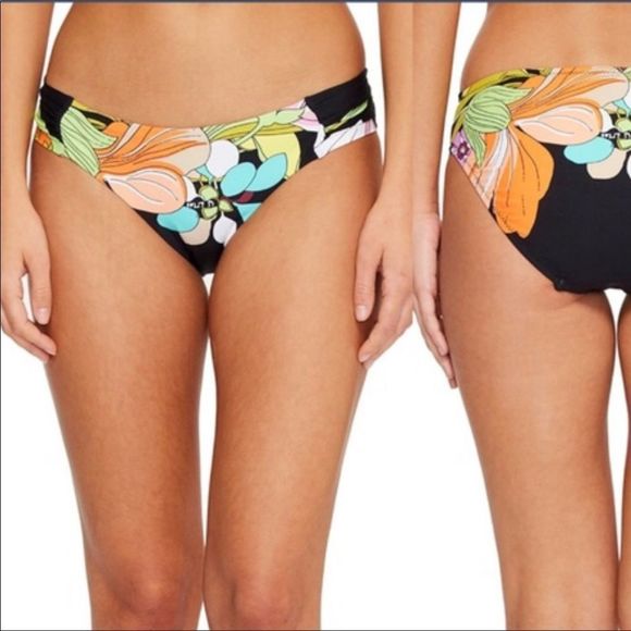Trina Turk Black Floral Hipster Bikini Bottom Banquet Shirred size 10Tropical - Picture 1 of 11